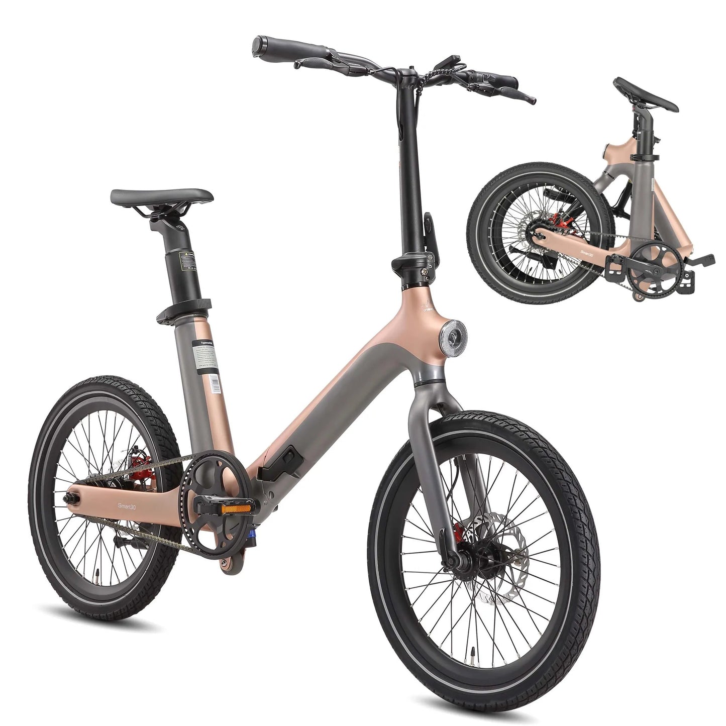 Maxtron Smart 30 elektrische vouwfiets in goud grijs, zijaanzicht met opgevouwen weergave