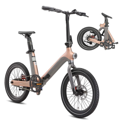 Maxtron Smart 30 elektrische vouwfiets in goud grijs, zijaanzicht met opgevouwen weergave