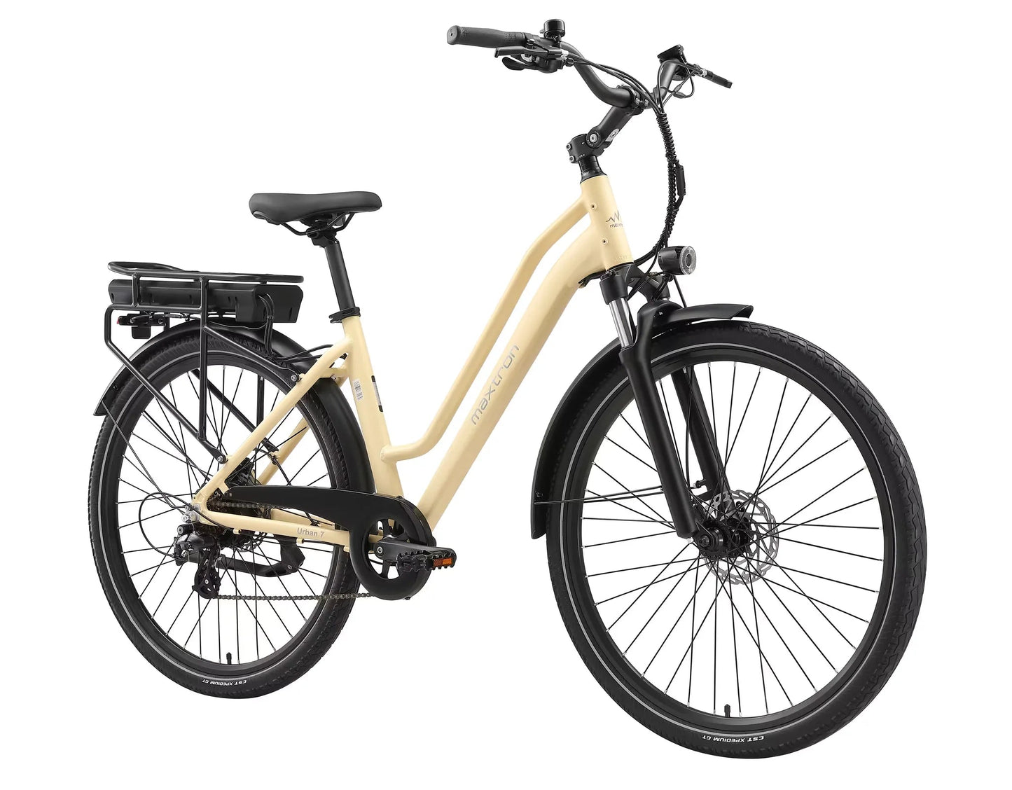 Maxtron Urban 7 beige e-bike met lage instap en geveerde voorvork, vooraanzicht