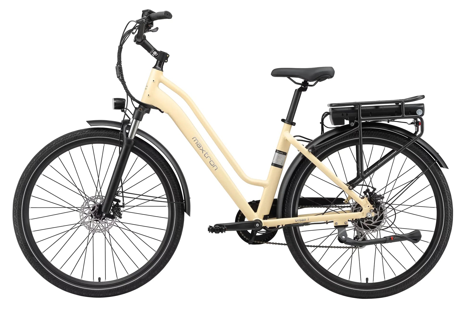 Maxtron Urban 7 elektrische stadsfiets in beige, zijaanzicht met afneembare accu op de bagagedrager