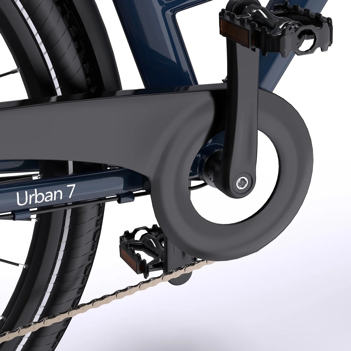 Aandrijving met kettingkast van de Maxtron Urban 7 blauw