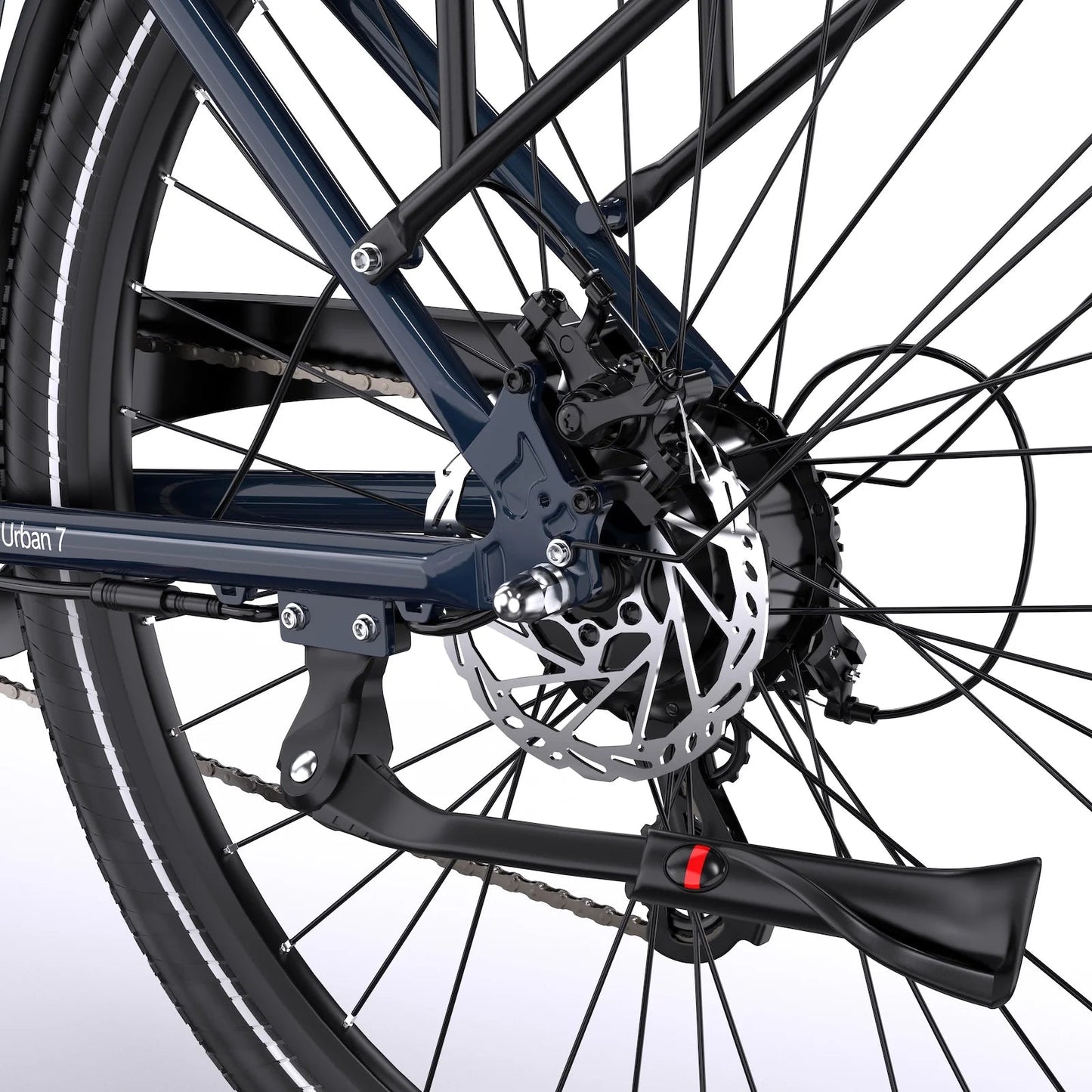 Achterschijfrem en standaard van de Maxtron Urban 7 e-bike