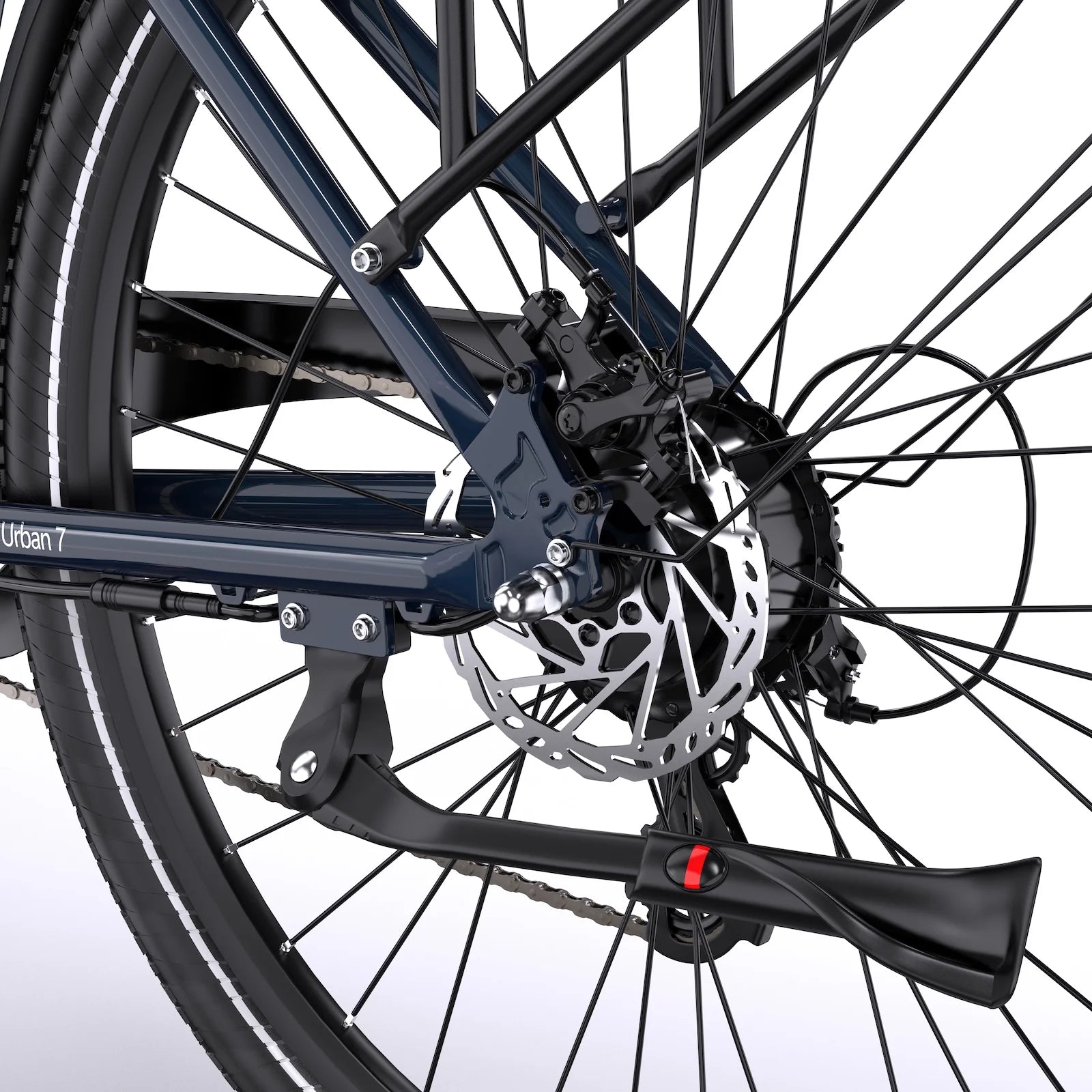 Achterschijfrem en standaard van de Maxtron Urban 7 e-bike