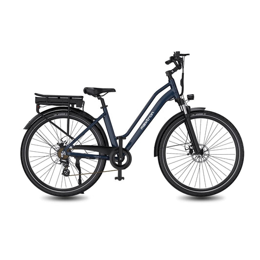 Maxtron Urban 7 elektrische stadsfiets in donkerblauw, zijaanzicht met lage instap en bagagedrager-accu